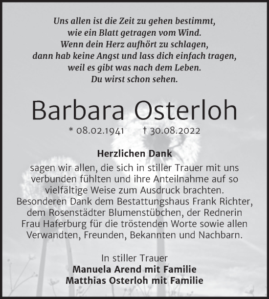 Traueranzeige von Barbara Osterloh von Trauerkombi Sangerhausen