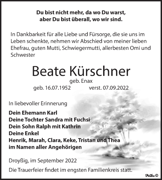 Traueranzeige von Beate Kürschner von Trauerkombi Zeitz