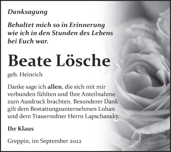Traueranzeige von Beate Lösche von Trauerkombi Bitterfeld