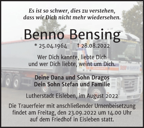 Traueranzeige von Benno Bensing von Trauerkombi Mansfelder Land