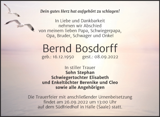 Traueranzeige von Bernd Bosdorff von Mitteldeutsche Zeitung Halle/Saalkreis