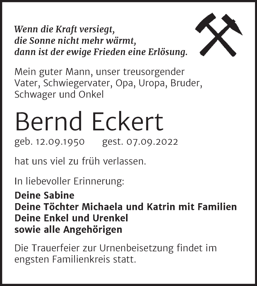  Traueranzeige für Bernd Eckert vom 17.09.2022 aus Trauerkombi Mansfelder Land