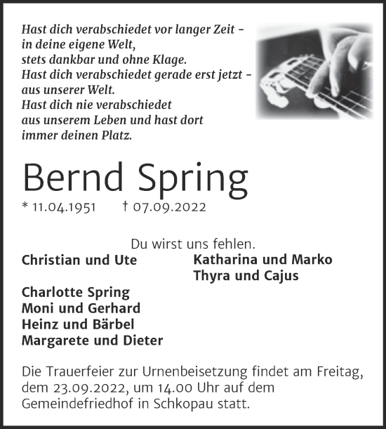 Traueranzeige von Bernd Spring von Trauerkombi Merseburg