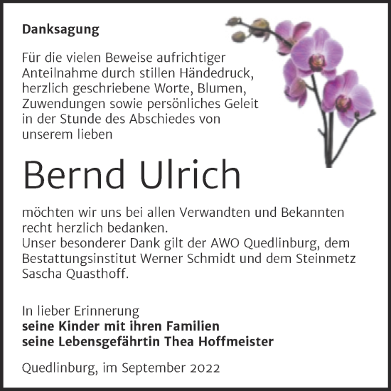 Traueranzeige von Bernd Ulrich von Trauerkombi Quedlinburg