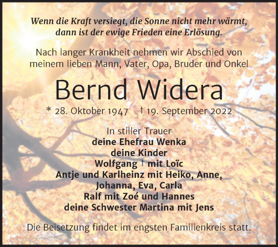 Traueranzeige von Bernd Widera von Trauerkombi Weißenfels