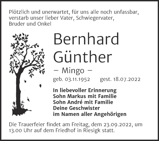 Traueranzeige von Bernhard Günther von Trauerkombi Wittenberg