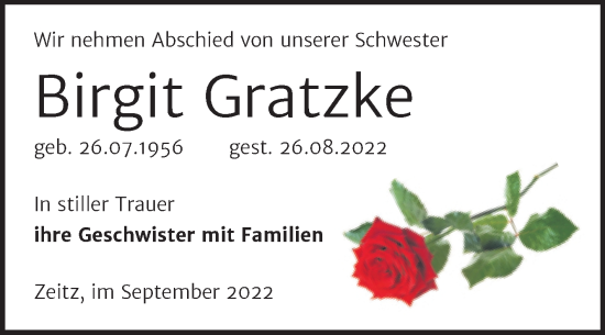 Traueranzeige von Birgit Gratzke von Trauerkombi Zeitz