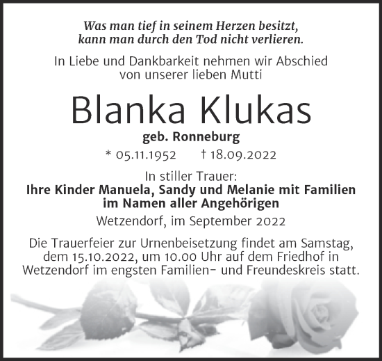 Traueranzeige von Blanka Klukas von Wochenspiegel Naumburg/Nebra