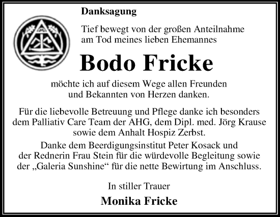 Traueranzeige von Bodo Fricke von Trauerkombi Dessau
