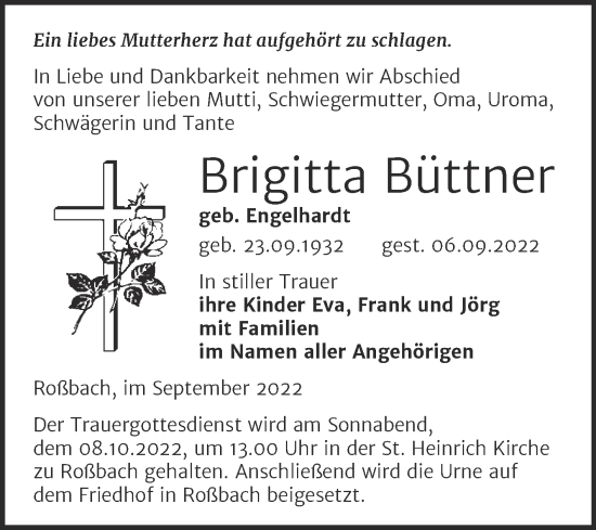 Traueranzeige von Brigitta Büttner von Trauerkombi Merseburg
