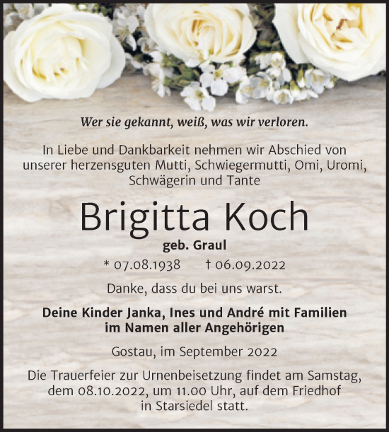 Traueranzeige von Brigitta Koch von Trauerkombi Weißenfels