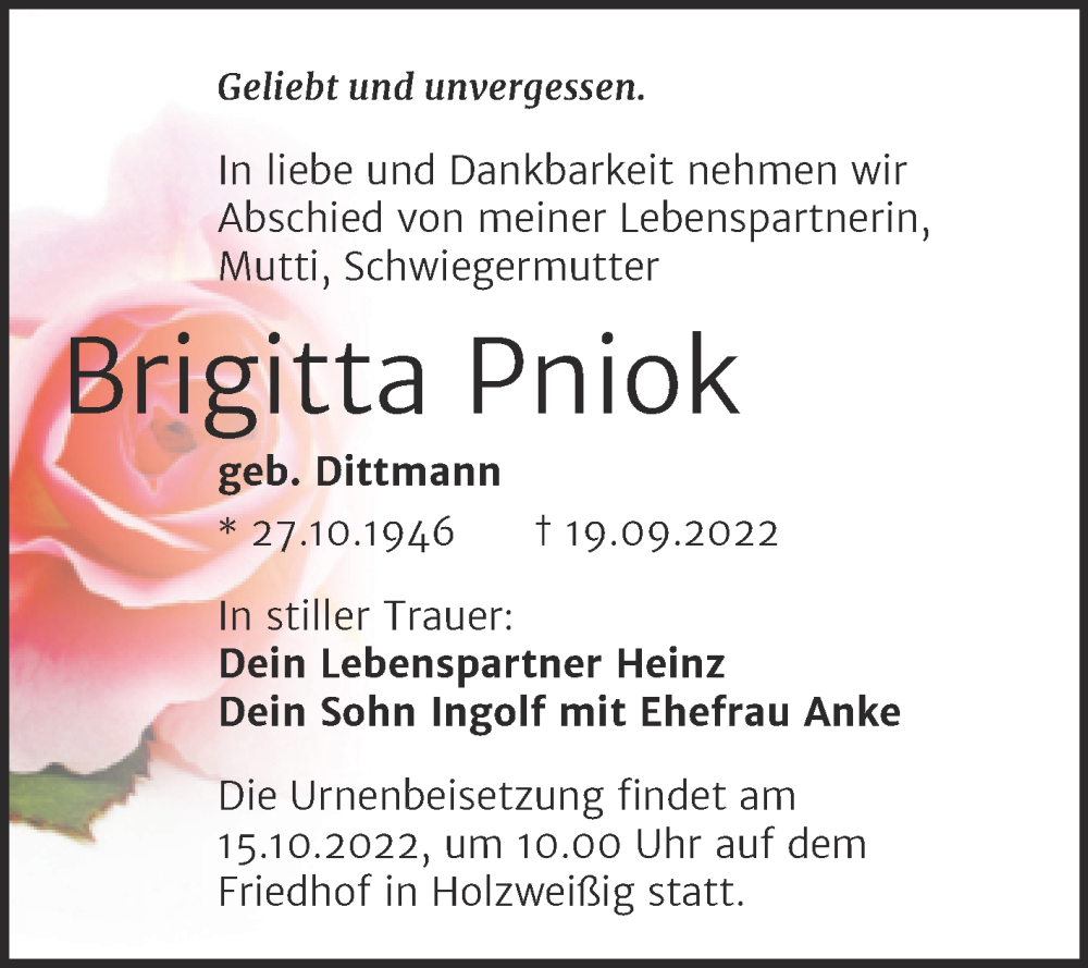  Traueranzeige für Brigitta Pniok vom 28.09.2022 aus Trauerkombi Bitterfeld