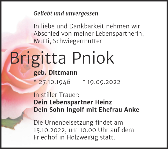 Traueranzeige von Brigitta Pniok von Trauerkombi Bitterfeld