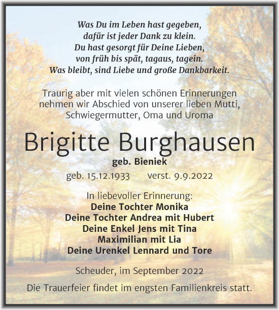 Traueranzeige von Brigitte Burghausen von Trauerkombi Köthen