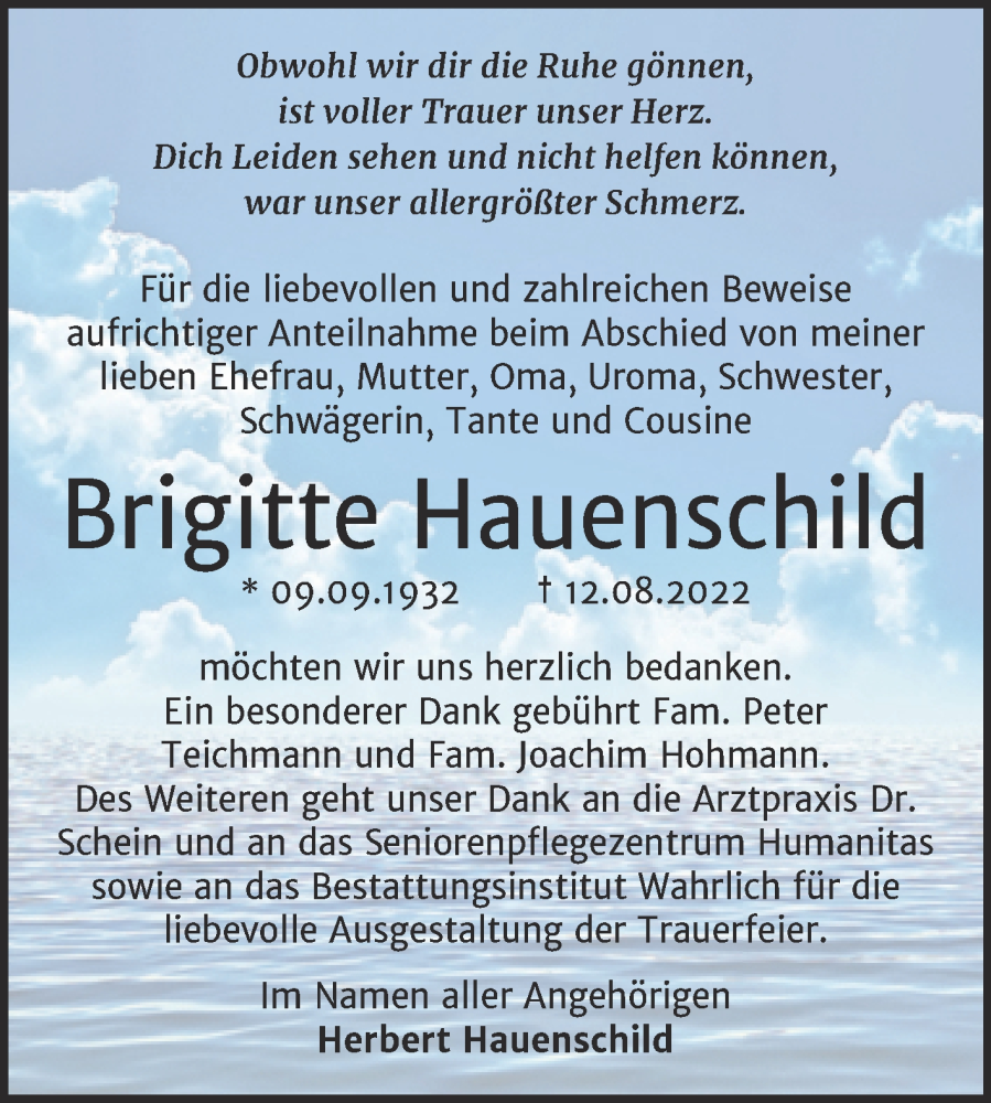  Traueranzeige für Brigitte Hauenschild vom 09.09.2022 aus Trauerkombi Mansfelder Land