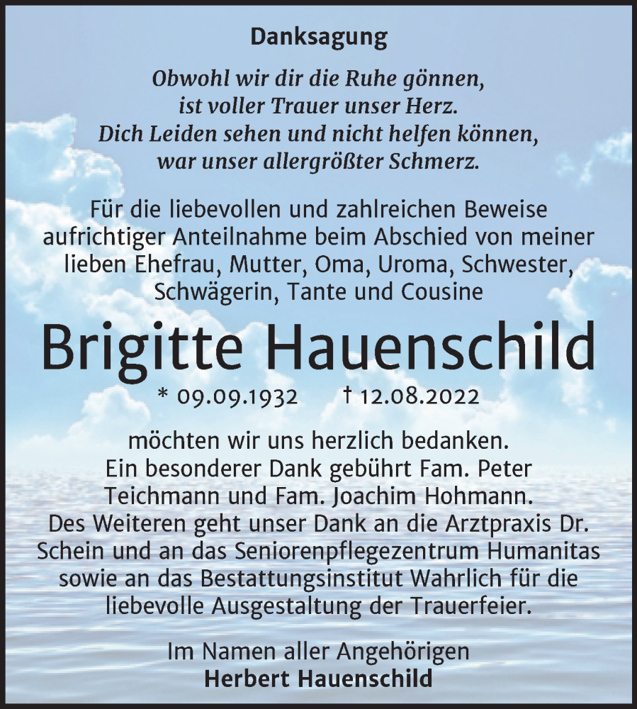  Traueranzeige für Brigitte Hauenschild vom 10.09.2022 aus Trauerkombi Mansfelder Land