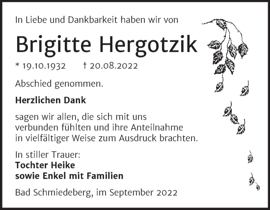 Traueranzeige von Brigitte Hergotzik von Trauerkombi Wittenberg