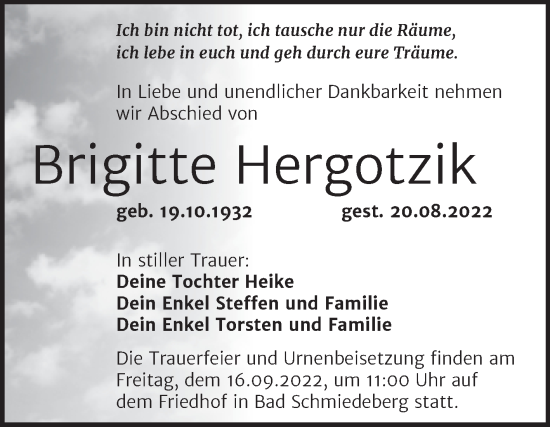 Traueranzeige von Brigitte Hergotzik von Trauerkombi Wittenberg