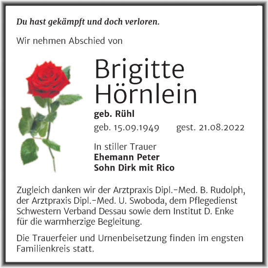 Traueranzeige von Brigitte Hörnlein von Trauerkombi Dessau