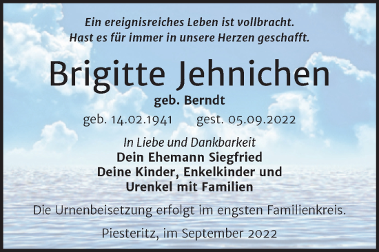 Traueranzeige von Brigitte Jehnichen von Trauerkombi Wittenberg