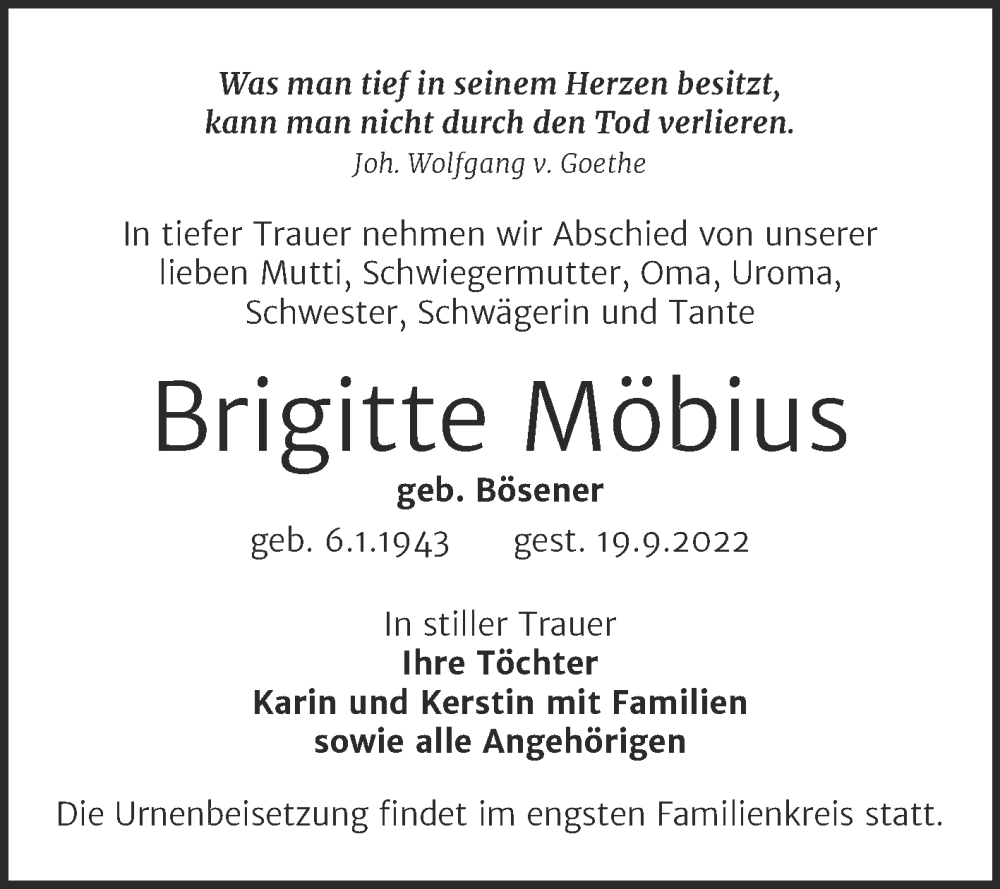  Traueranzeige für Brigitte Möbius vom 24.09.2022 aus Trauerkombi Köthen