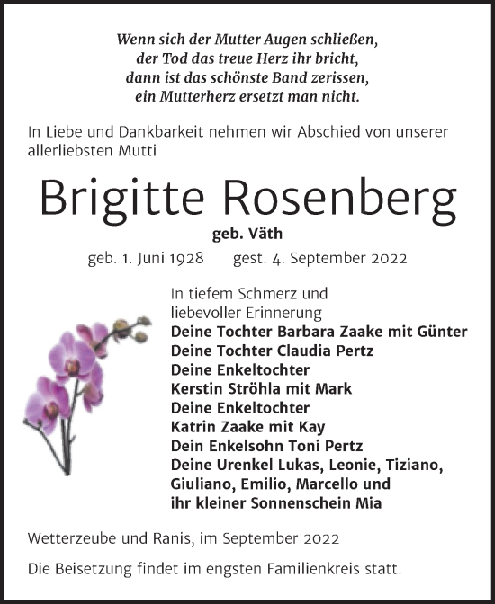 Traueranzeige von Brigitte Rosenberg von Trauerkombi Zeitz