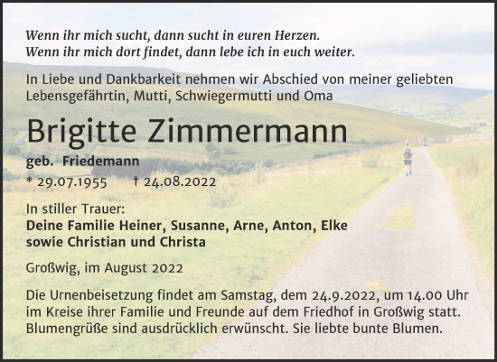 Traueranzeige von Brigitte Zimmermann von Trauerkombi Wittenberg
