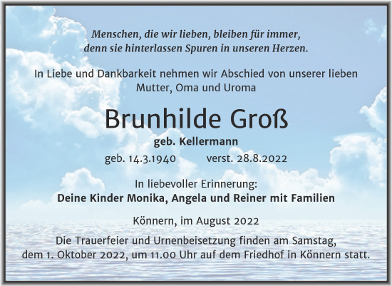 Traueranzeige von Brunhilde Groß von Trauerkombi Bernburg