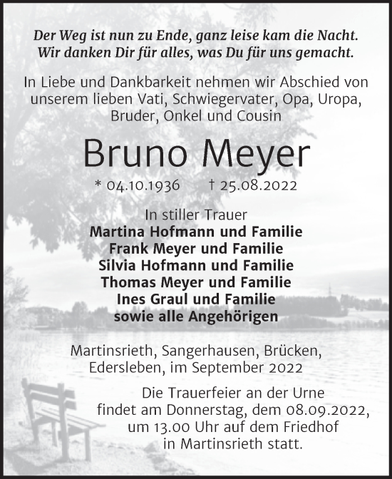 Traueranzeige von Bruno Meyer von Trauerkombi Sangerhausen