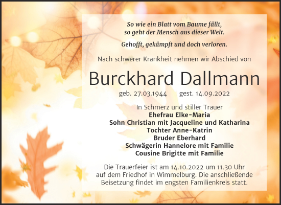 Traueranzeige von Burckhard Dallmann von Trauerkombi Mansfelder Land