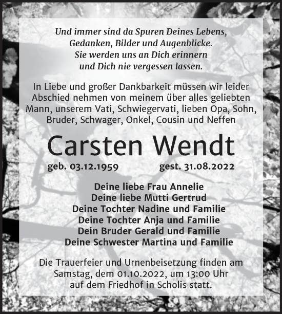 Traueranzeige von Carsten Wendt von Trauerkombi Wittenberg