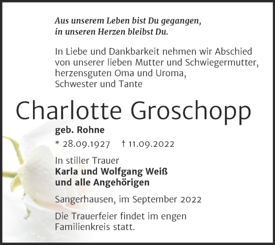 Traueranzeige von Charlotte Groschopp von Trauerkombi Sangerhausen