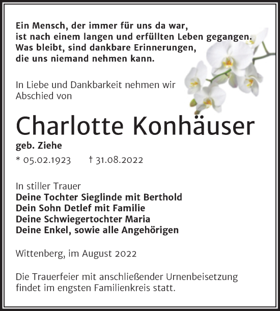 Traueranzeige von Charlotte Konhäuser von Trauerkombi Wittenberg