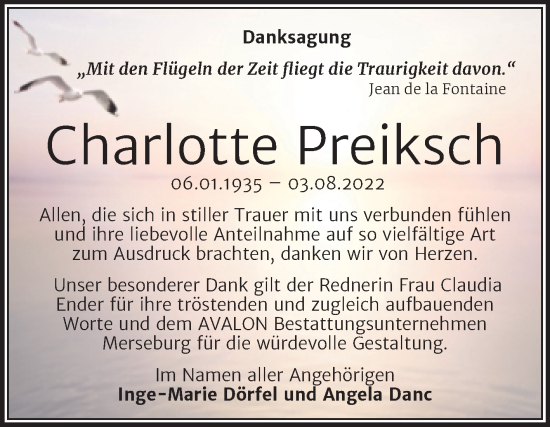 Traueranzeige von Charlotte Preiksch von Trauerkombi Wittenberg
