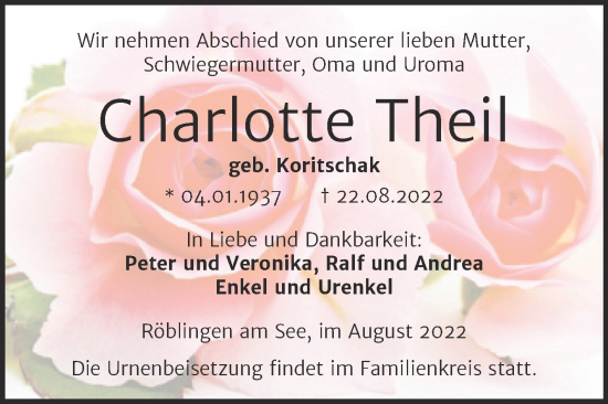 Traueranzeige von Charlotte Theil von Trauerkombi Mansfelder Land