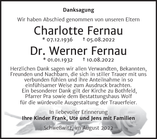 Traueranzeige von Charlotte und Werner Fernau von Trauerkombi Weißenfels