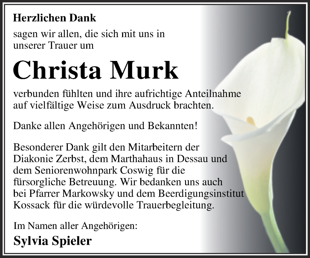  Traueranzeige für Christa Murk vom 03.09.2022 aus Trauerkombi Dessau