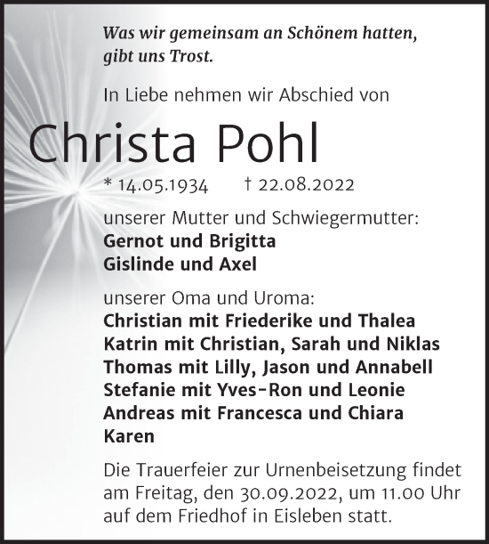 Traueranzeige von Christa Pohl von Trauerkombi Mansfelder Land