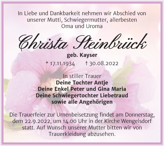 Traueranzeige von Christa Steinbrück von Trauerkombi Weißenfels