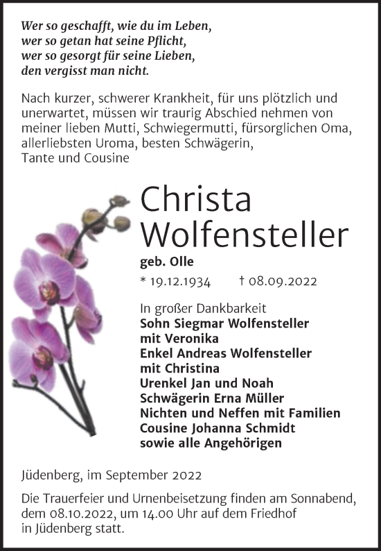Traueranzeige von Christa Wolfensteller von Trauerkombi Wittenberg