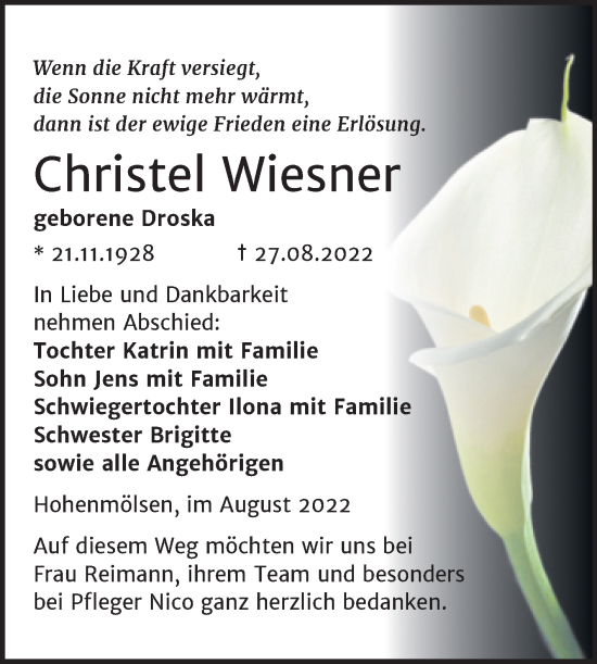 Traueranzeige von Christel Wiesner von Trauerkombi Weißenfels