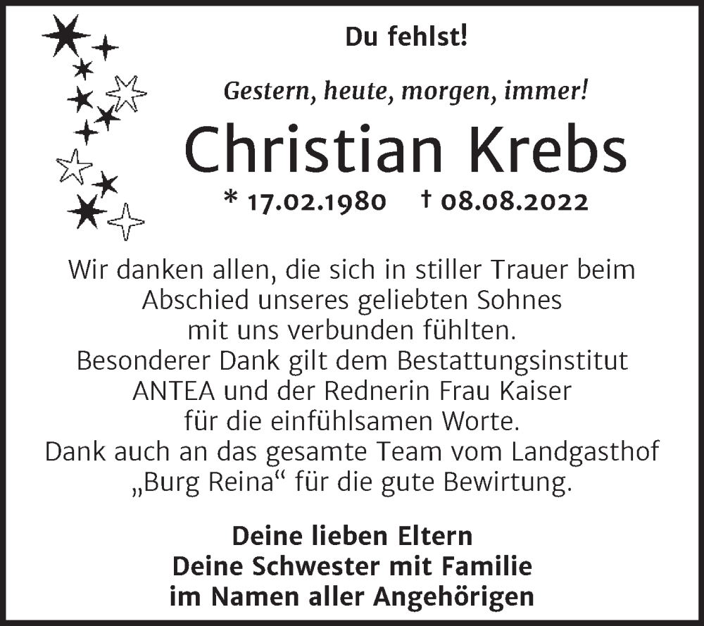  Traueranzeige für Christian Krebs vom 10.09.2022 aus Trauerkombi Dessau