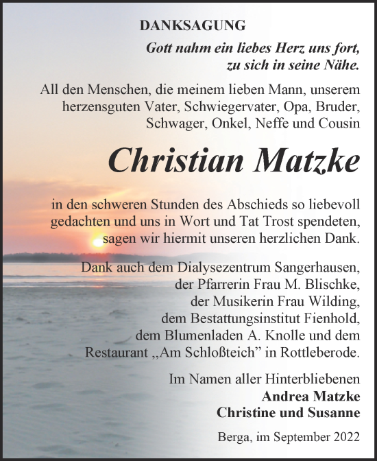 Traueranzeige von Christian Matzke von Trauerkombi Sangerhausen