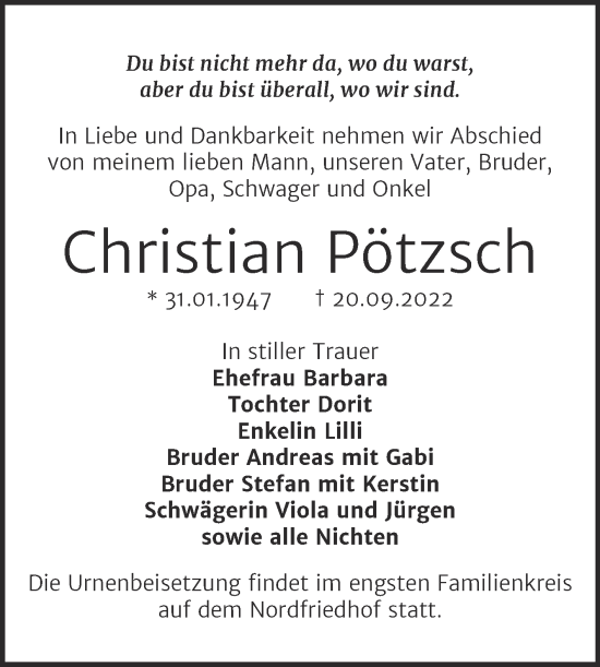 Traueranzeige von Christian Pötzsch von Mitteldeutsche Zeitung Halle/Saalkreis