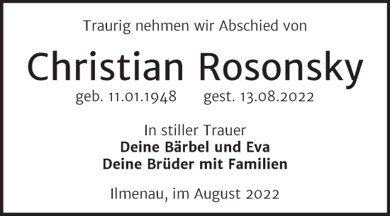 Traueranzeige von Christian Rosonsky von Trauerkombi Wittenberg