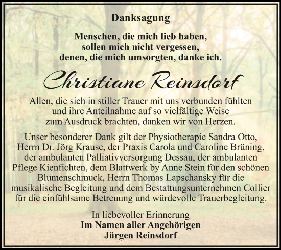 Traueranzeige von Christiane Reinsdorf von Trauerkombi Dessau
