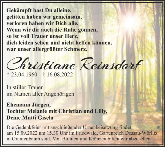 Traueranzeige von Christiane Reinsdorf von Trauerkombi Dessau