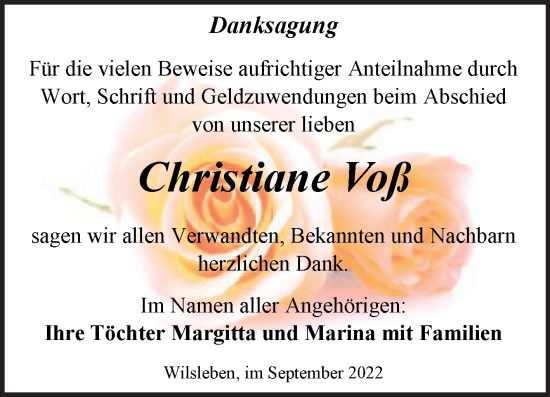 Traueranzeige von Christiane Voß von Trauerkombi Aschersleben