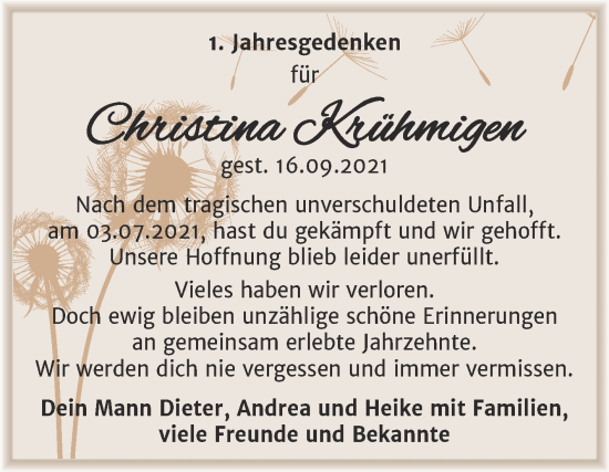 Traueranzeige von Christina Krühmigen von Trauerkombi Merseburg