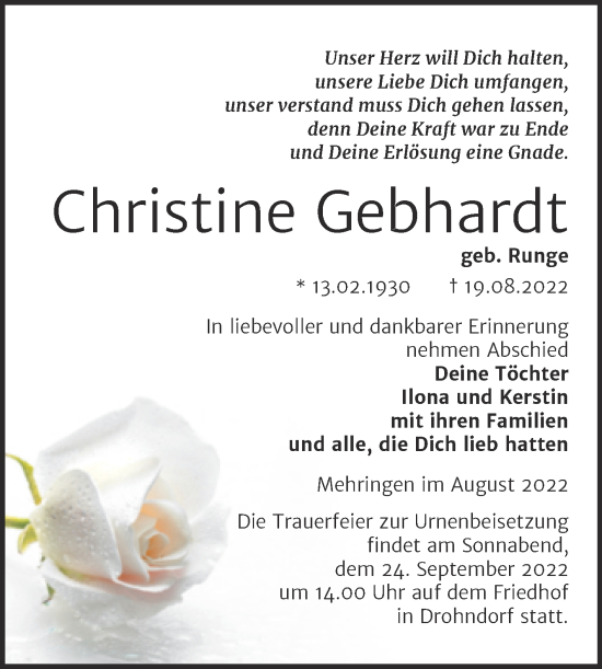Traueranzeige von Christine Gebhardt von Trauerkombi Aschersleben